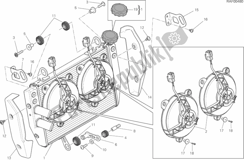 All parts for the Water Cooler of the Ducati Hypermotard Hyperstrada Brasil 821 2014